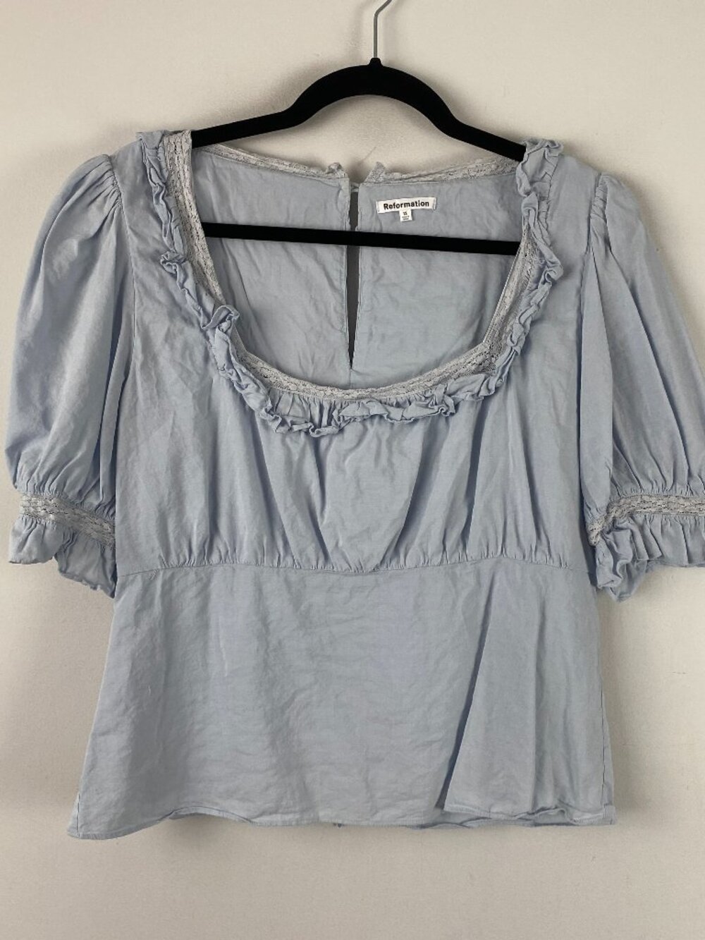 Reformation Parsnip Top Size 12 Blue Short Sleeve Organic Cotton Ruffle Lace
